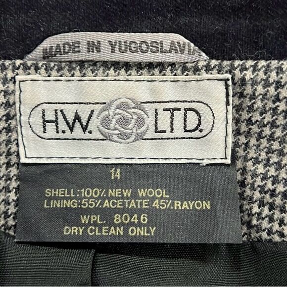H.W.LTD wool black & white check one button vintage blazer size 14 - Picture 8 of 9